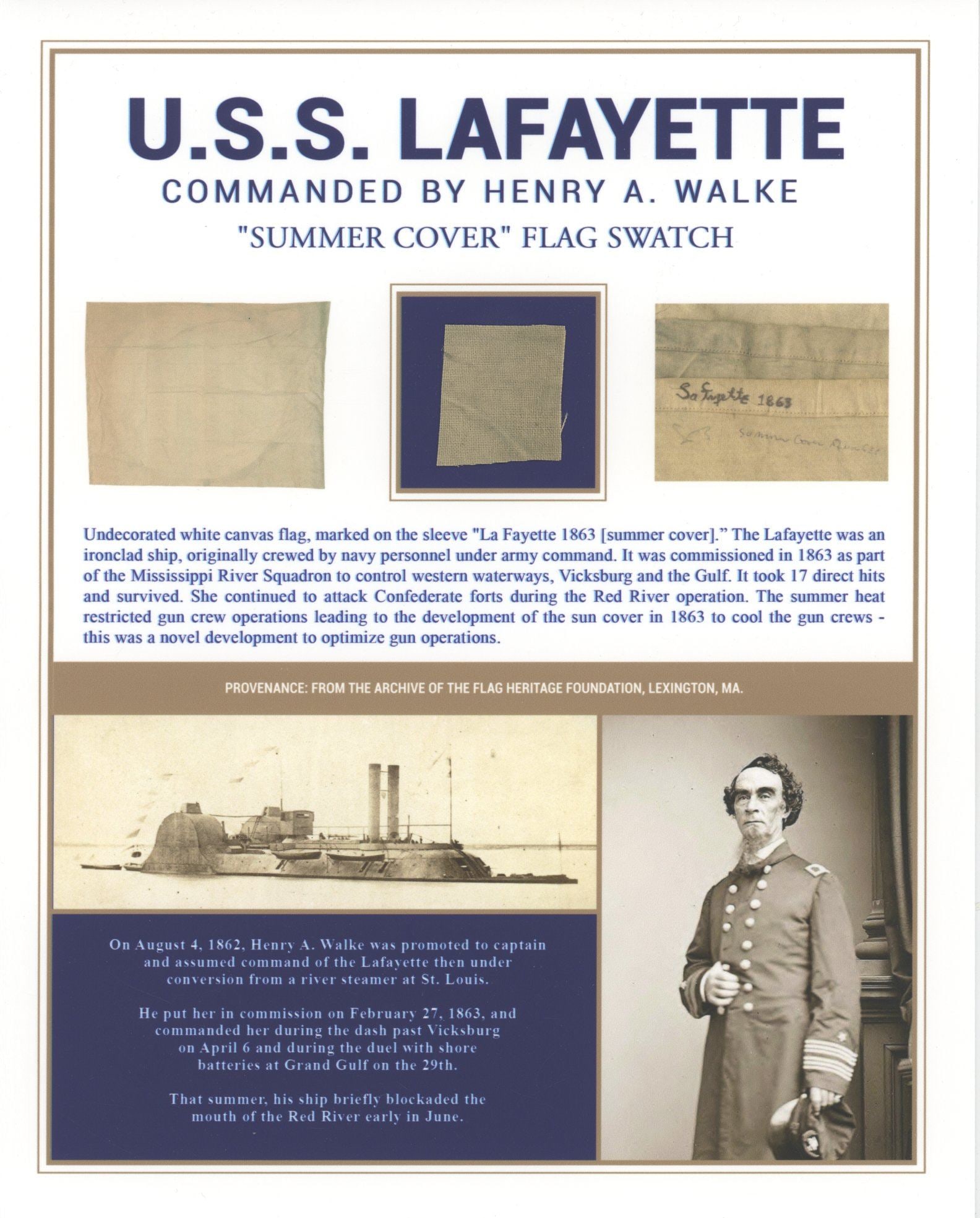 U.S.S. Lafayette Civil War Era Swatch From Original "Summer Cover" Flag, 1863: Details: U.S.S. Lafayette custom display with fabric swatch from undecorated white canvas flag, marked on the sleeve "La Fayette 1863 [summer cover].” The Lafayette