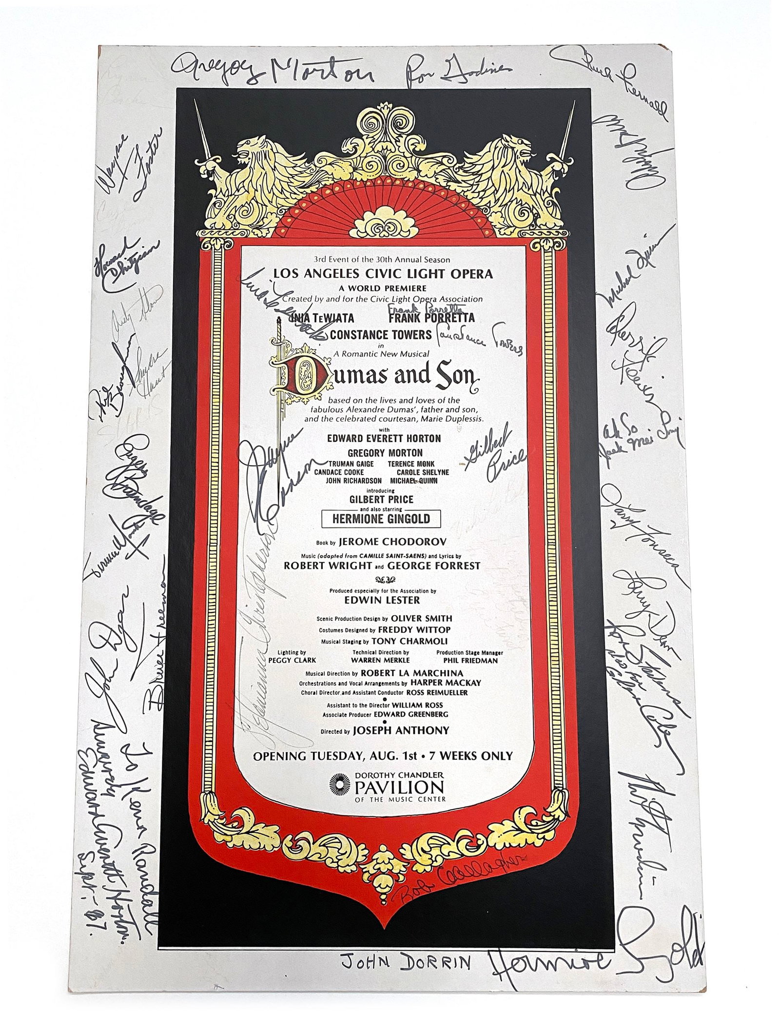 "Dumas and Son" Hermione Gingold & Cast Autographed Dorothy Chandler Pavilion Show Poster: Details: "Dumas and Son" Hermione Gingold and cast autographed Dorothy Chandler Pavilion show poster. Dorothy Chandler Pavilion, Los Angeles, (circa 1970s). The poster measures 14 x 22" and is pr