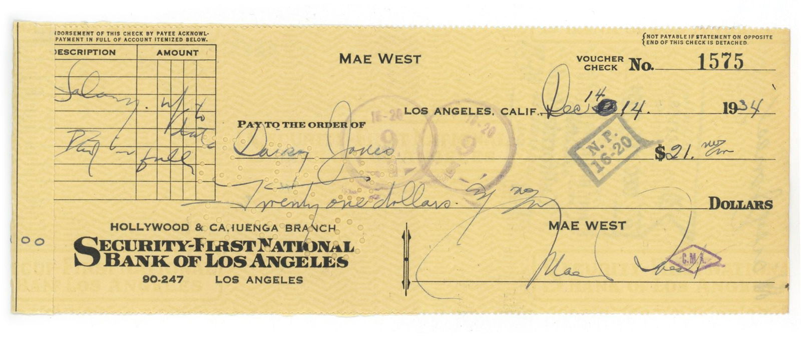 Mae West - Classic Hollywood Icon - Autographed 1934 Canceled Check (1 of 1)