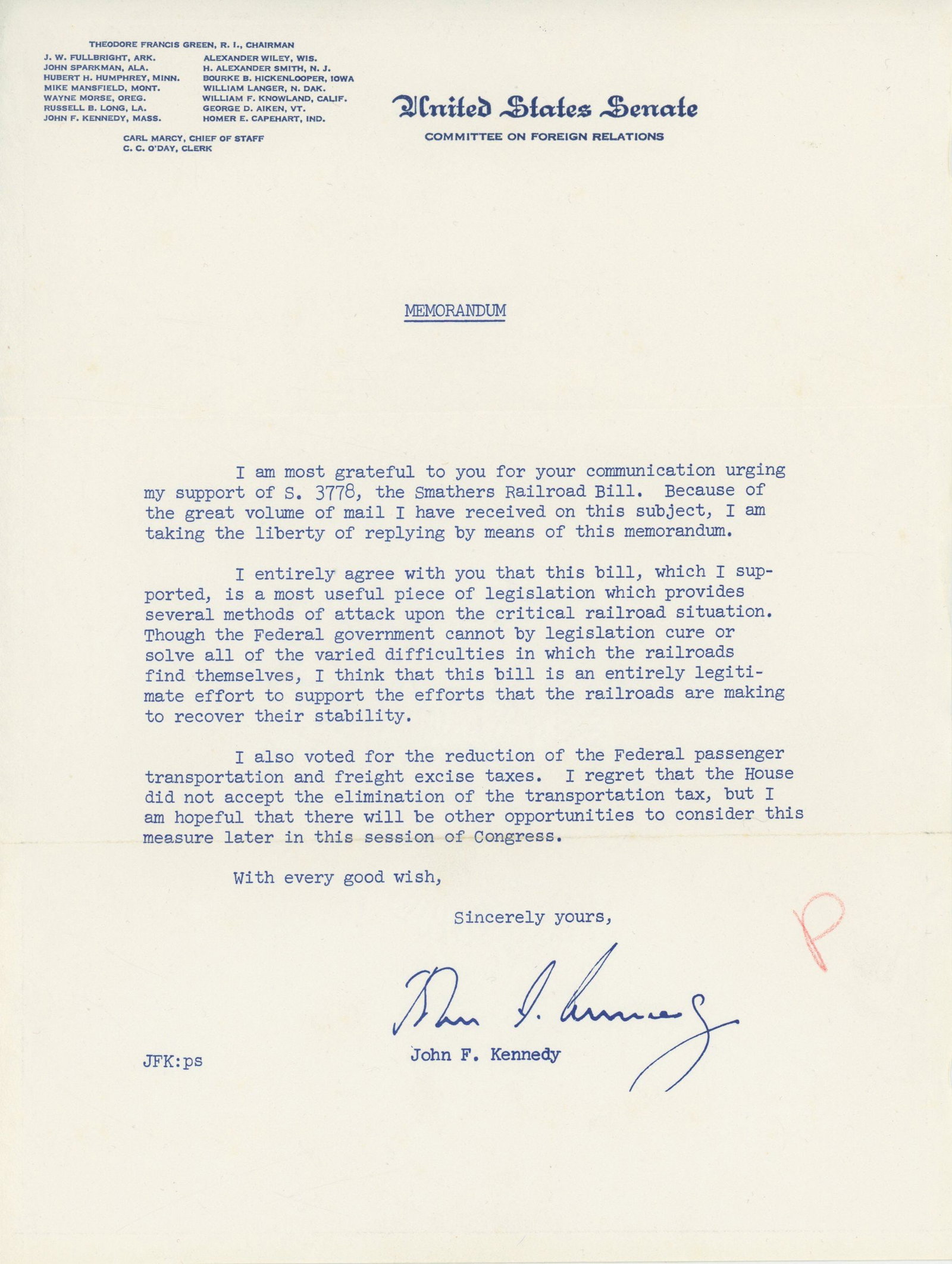 John F. Kennedy - 11th U.S. President - Facsimile (Printed) Memorandum Re. Smathers Railroad Bill (1 of 1)