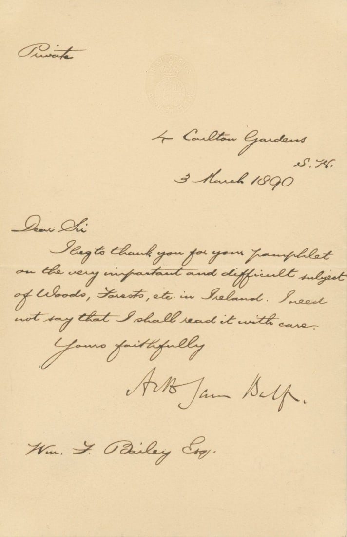 Arthur Balfour - Prime Minister of the United Kingdom - Autographed 1890 Letter (LS) (1 of 1)