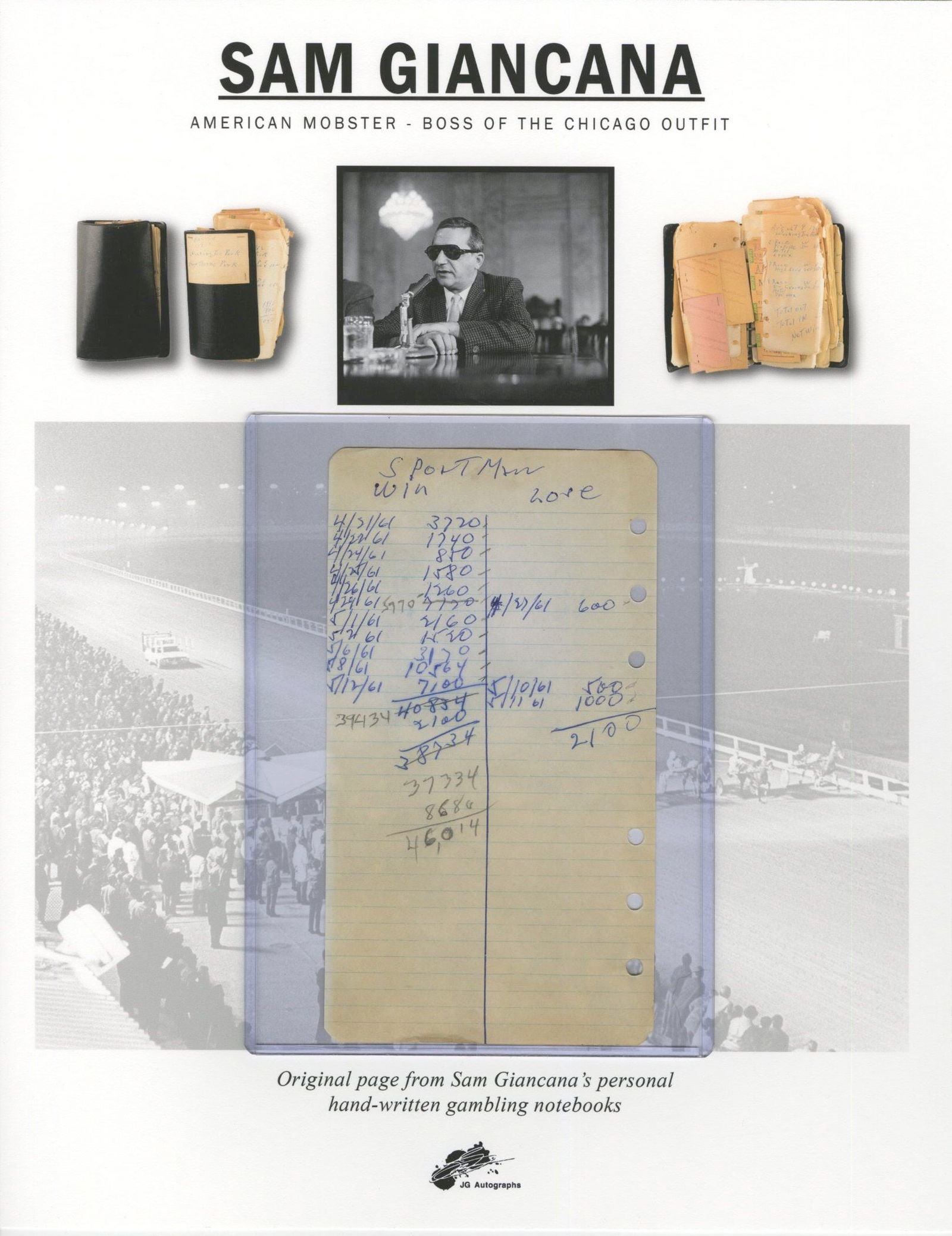 Sam Giancana - Chicago Mob Boss - April-May 1961 Hand-Written Betting Book Page (1 of 3)