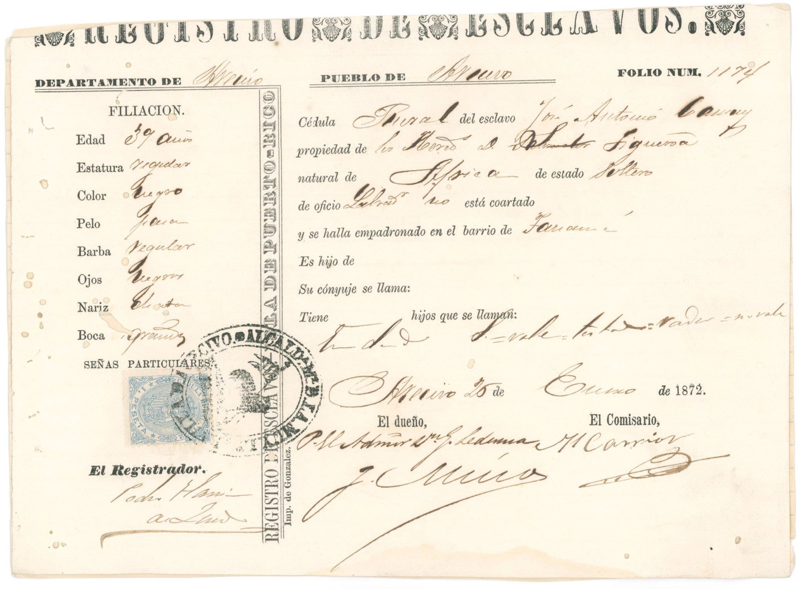 Slavery Document from Puerto Rico, Circa 1870 - “Registro de esclavos” (Registration for (1 of 1)