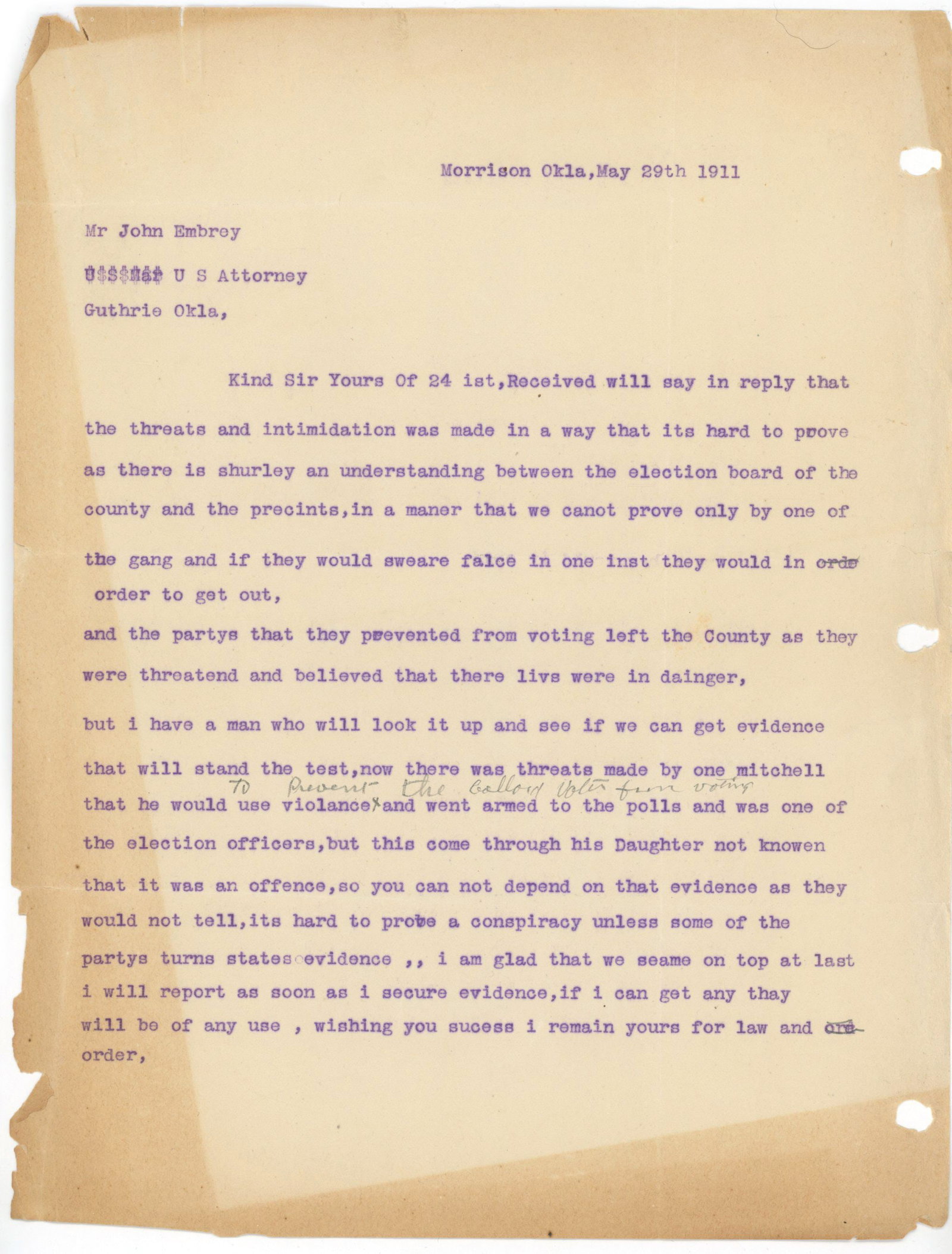 African-American Voter Suppression in the Early 20th Century - Letter Re. Guinn v. United States: Details: John Embry, United States Department of Justice Attorney, draft of a letter sent to Embrey [sic] relating to African-American voter suppression by election officers in Oklahoma. Overall tonin