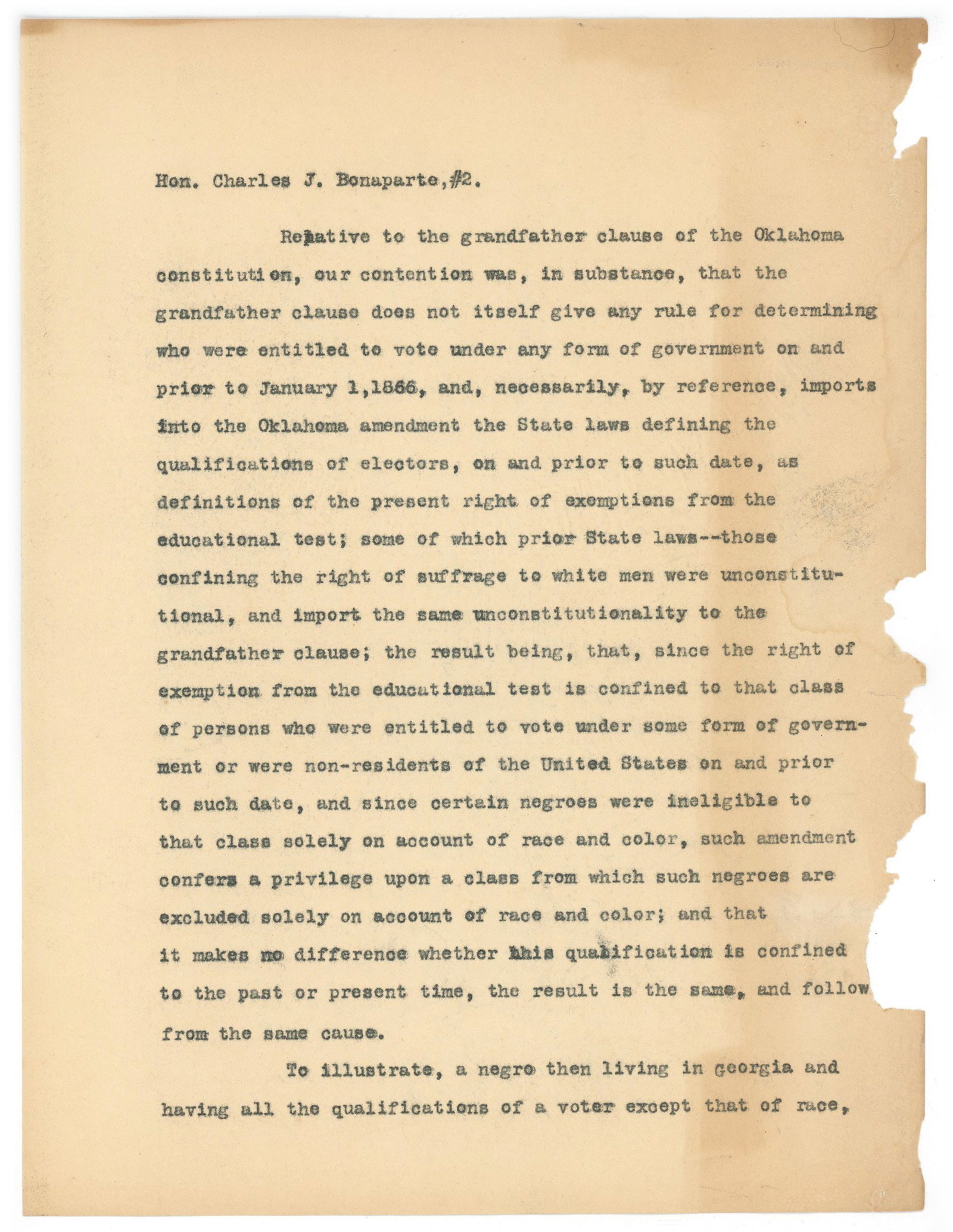 African-American Voter Suppression in the Early 20th Century - Letter Re. Guinn v. United States: Details: John Embry, United States Department of Justice Attorney, draft of a letter sent to relating to African-American voter suppression by election officers in Oklahoma. 2-pages. Overall toning an