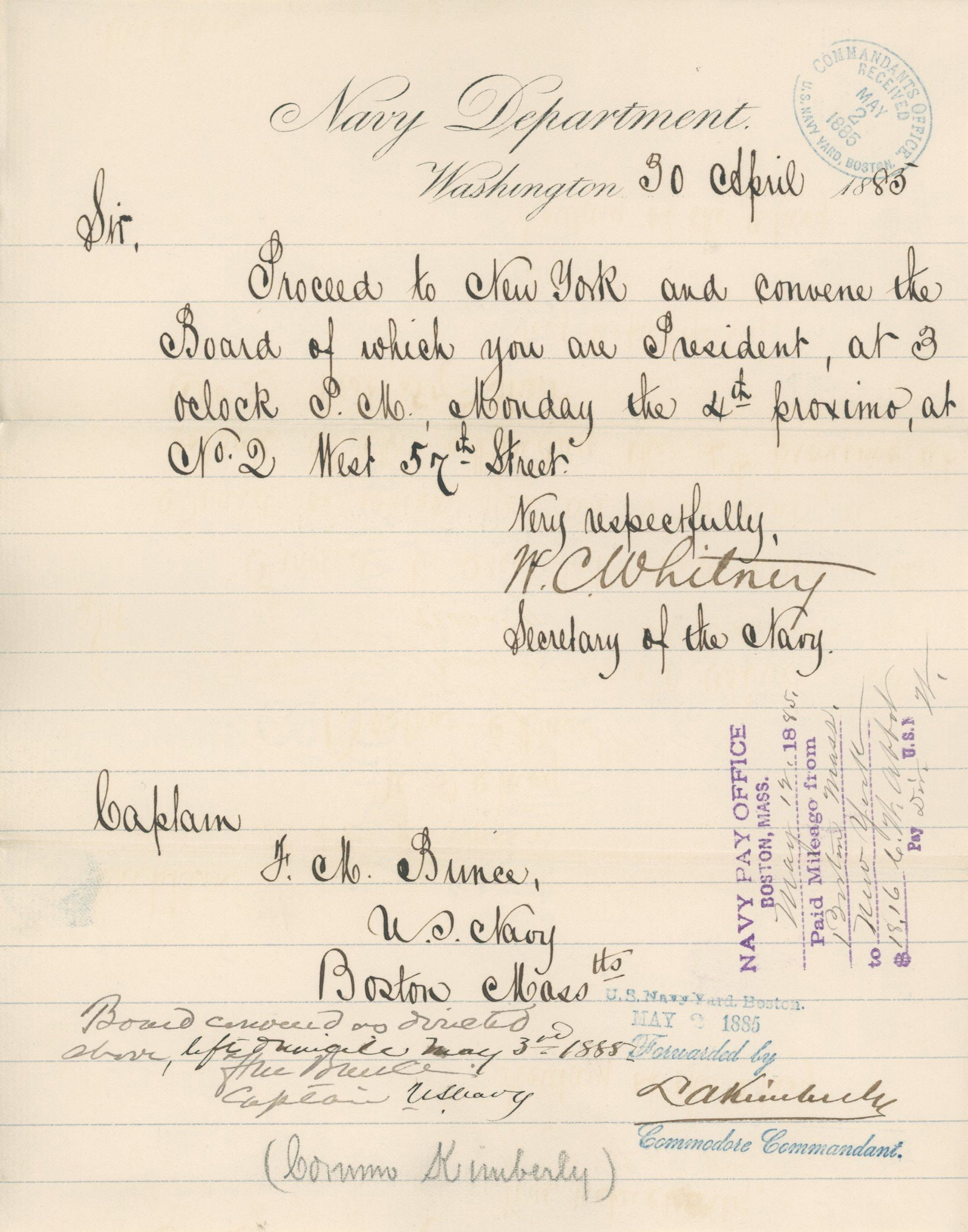 William Whitney - Secretary of the Navy - Autographed 1885 Letter Sent to Admiral Francis M. Bunce: Details: William Collins Whitney autographed manuscript letter (LS) sent to Francis M. Bunce dated April 30, 1885. The letter is additionally signed by Bunce. Fine condition. William Collins Whitney (
