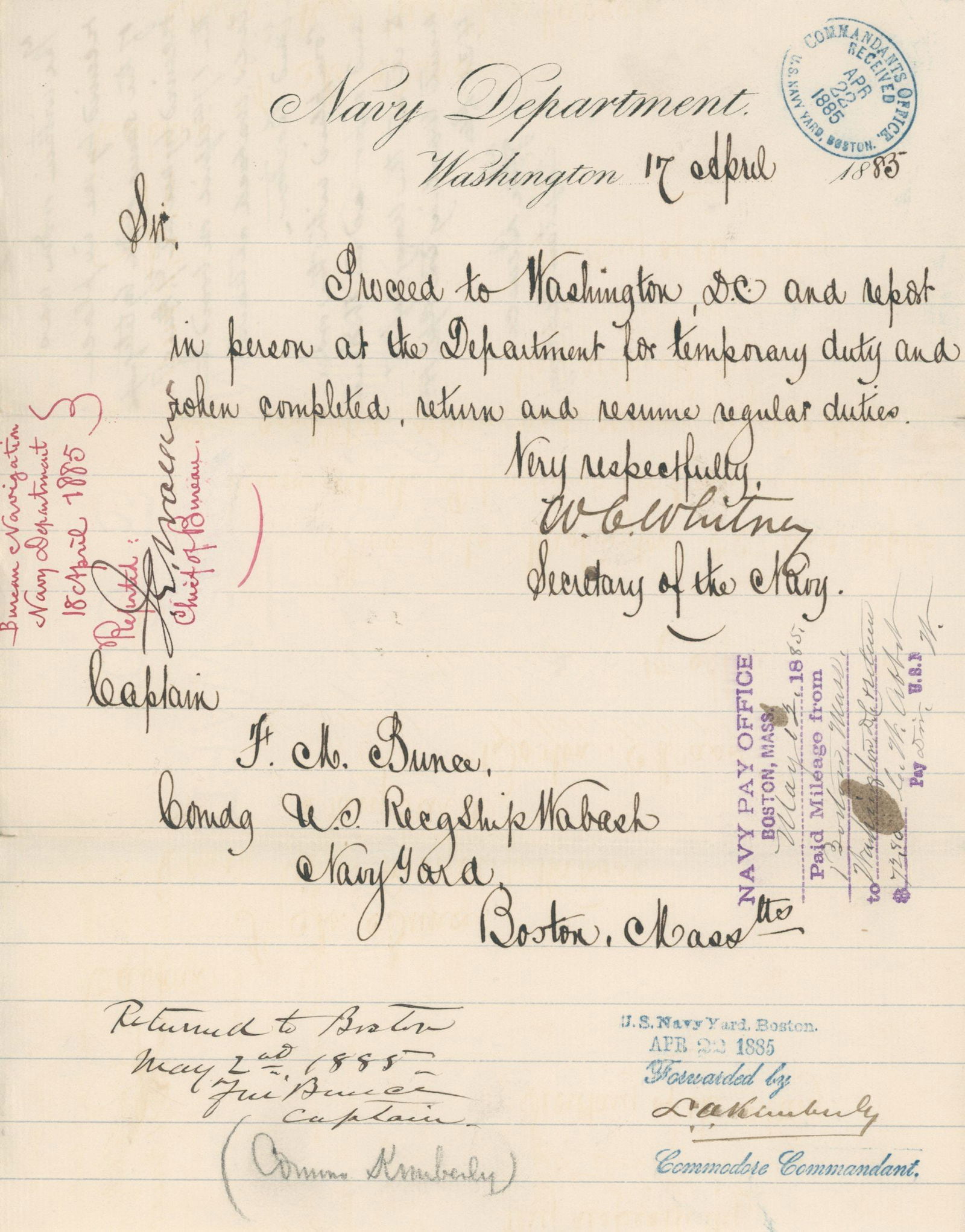 William Whitney - Secretary of the Navy - Autographed 1885 Letter Sent to Admiral Francis M. Bunce: Details: William Collins Whitney autographed manuscript letter (LS) sent to Francis M. Bunce dated April 17, 1885. The letter is additionally signed twice by Bunce with lenghthy notation on verso