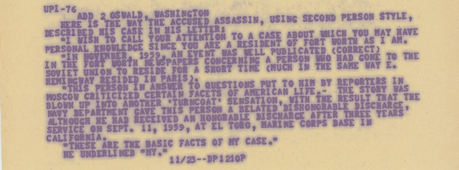 John F. Kennedy Assassination Teletype 11/23/63 Re. Report of a Statement from Lee Harvey Oswald (1 of 1)