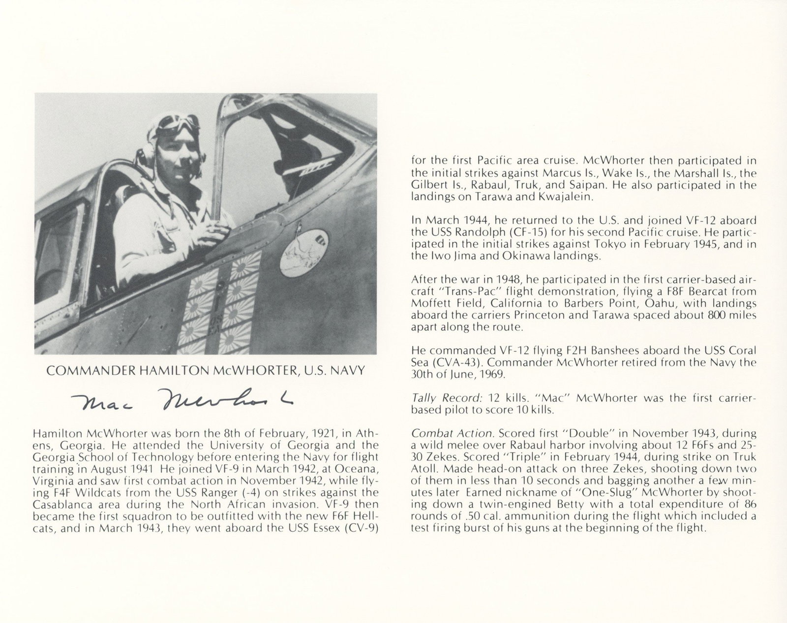 Hamilton McWhorter - WWII Ace Pilot - Autographed 10x8" Biography Sheet: Details: Hamilton McWhorter, WWII ace pilot, autographed 10x8" biography sheet. Pristine condition. Authentication: Includes a full letter of authenticity from JG Autographs, Inc. Premium: <