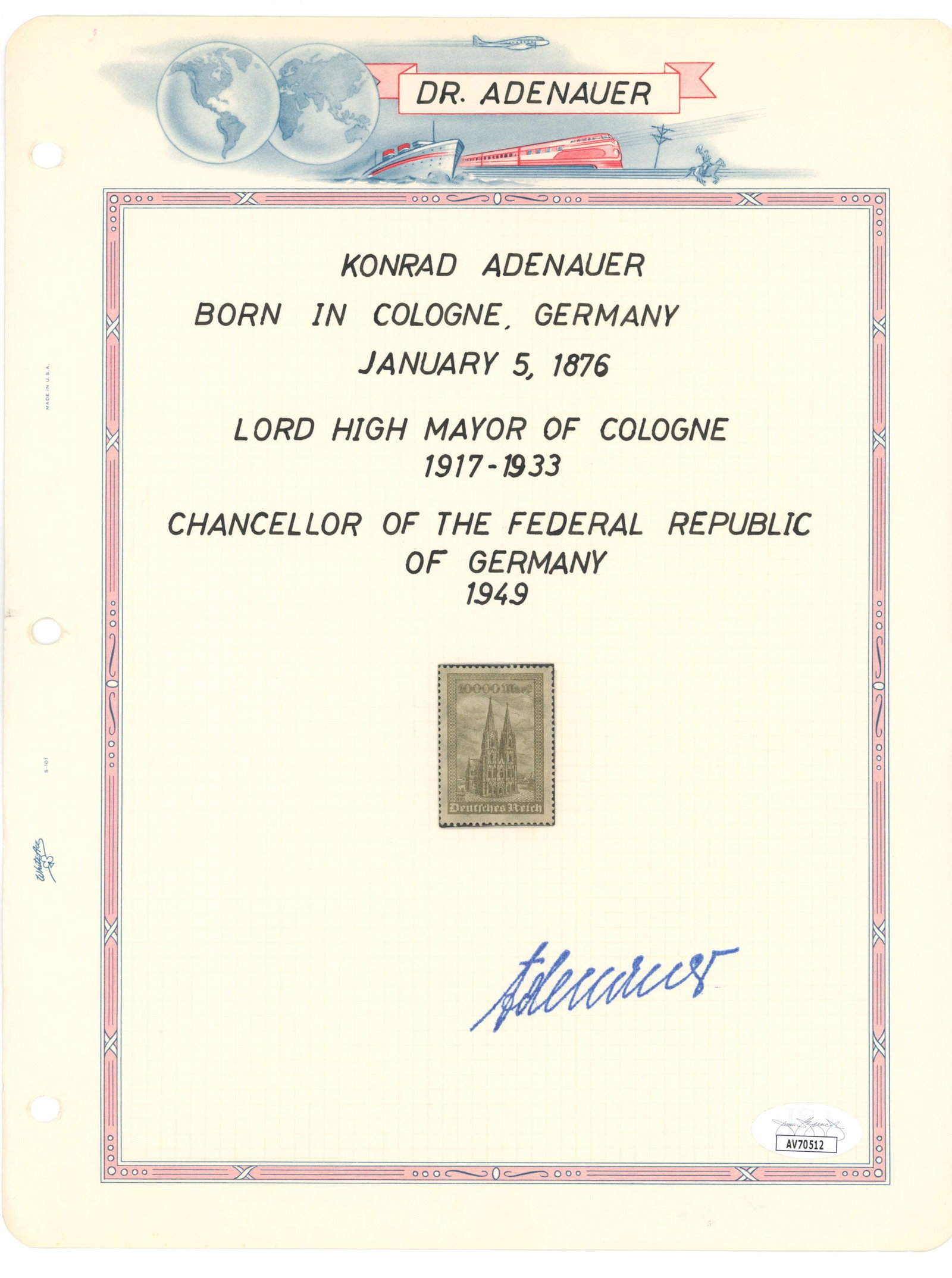 Konrad Adenauer - Chancellor of the Federal Republic of Germany - Autographed Philatelic Sheet (1 of 2)