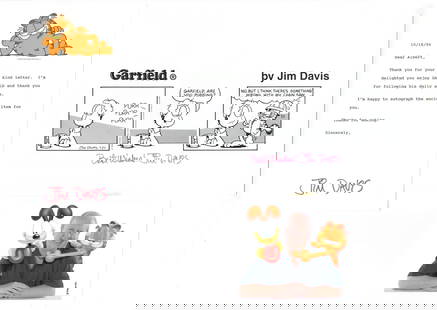 Jim Davis - Creator of Garfield - Autographed Comic Strip Sheet & Typed Letter (TLS) from 1994: Details: Jim Davis collection which features an autographed 10.75 x 7" printed comic sheet and an autographed typed letter (TLS) dated 10/18/1994. Accompanied by an unsigned Paws Inc. glossy photograp
