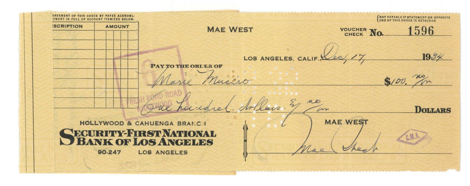 Mae West - Classic Hollywood Icon - Autographed December 17, 1934 Canceled Check (1 of 2)
