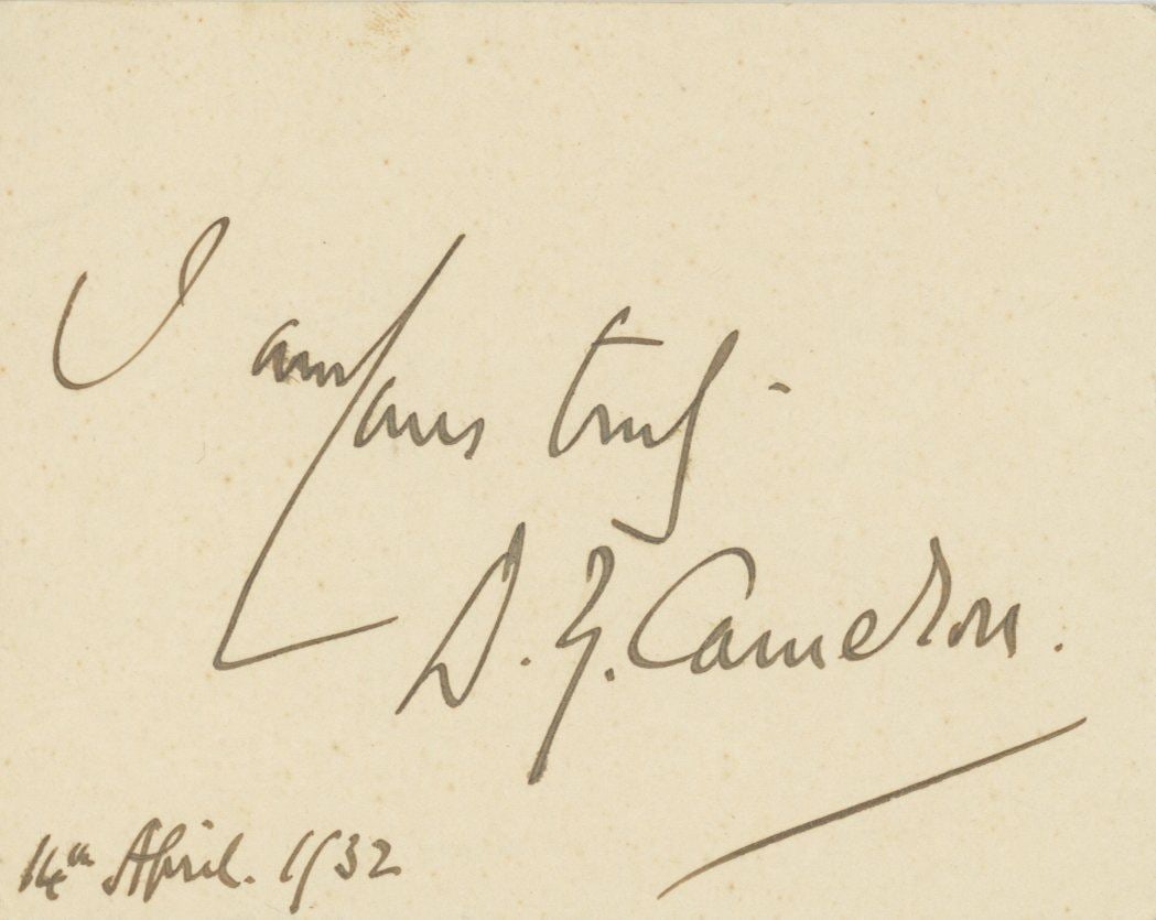 David Young Cameron - Scottish Painter & Etcher - Clipped Autograph, 1932: Details: David Young Cameron clipped autograph, 1932. Near fine condition. Sir David Young Cameron (28 June 1865 – 16 September 1945) was a Scottish painter and, with greater success, etcher, mo