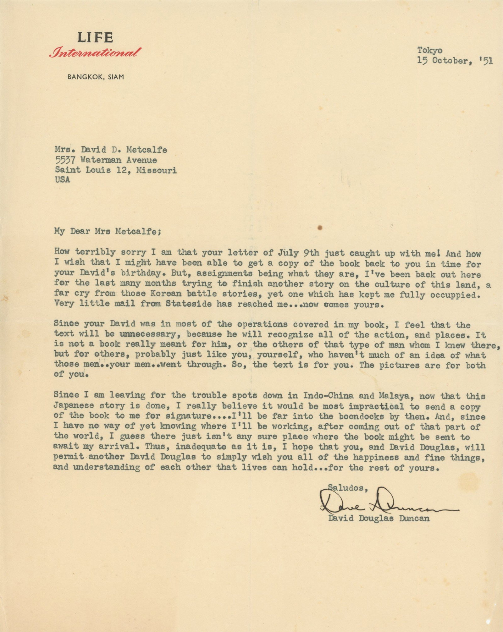 David Douglas Duncan - War Photojournalist - Autographed Typed Letter Re. Korean Battle, Indo-China: Details: David Douglas Duncan autographed typed letter (TLS) dated October 15, 1951 and sent from Tokyo, Japan. Slight tear to the lower right corner, else fine condition. David Douglas Duncan (