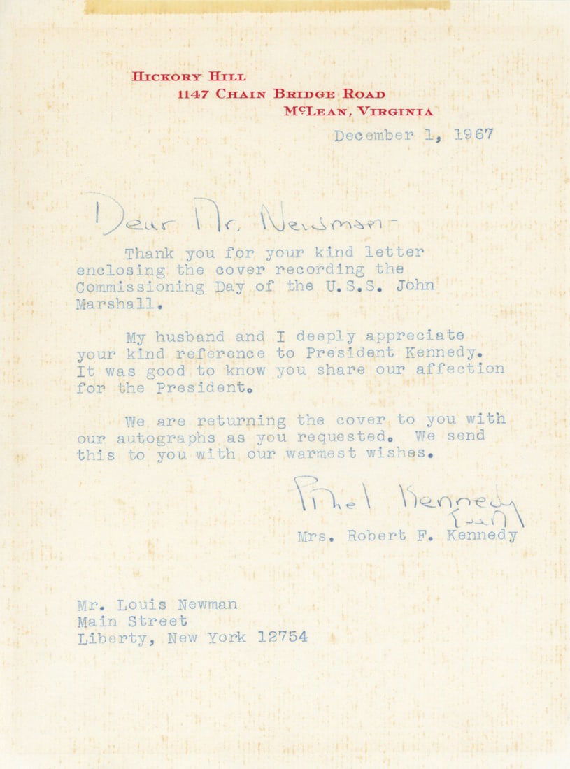 Ethel Kennedy - Wife of Robert F. Kennedy - Autographed Typed Letter (TLS) December 1, 1967 (1 of 1)