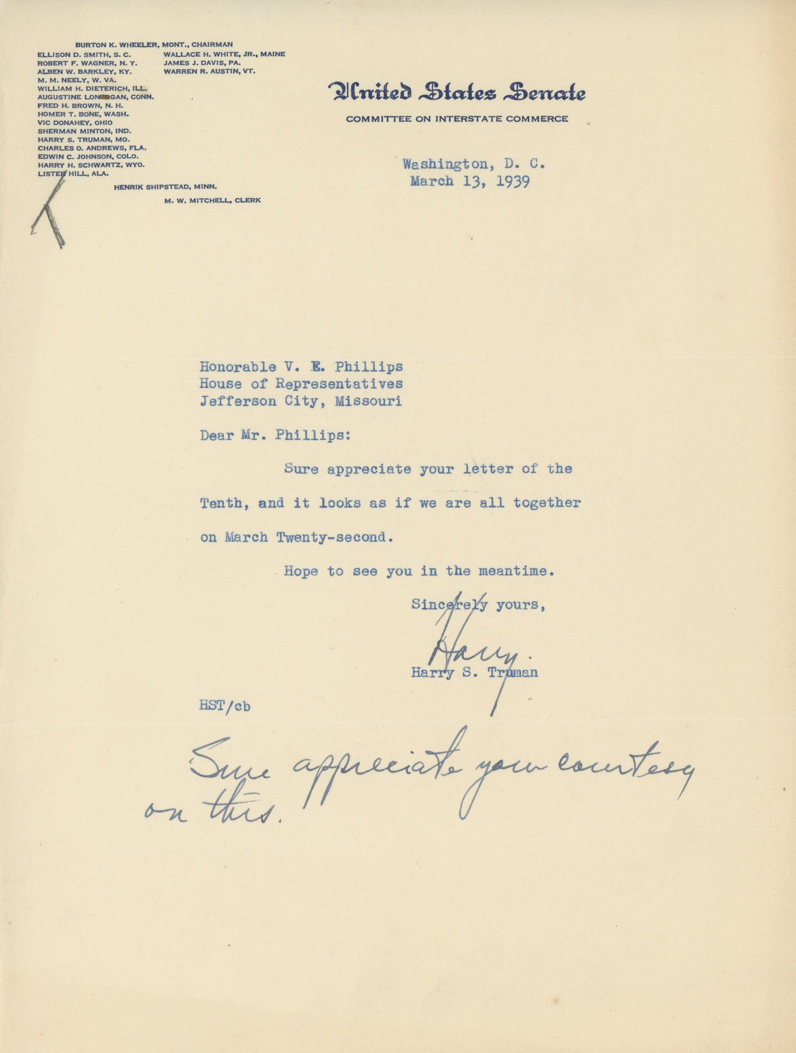 Harry S. Truman - 33rd U.S. President - Autographed Letter (TLS) As Senator Dated March 13, 1939 (1 of 1)