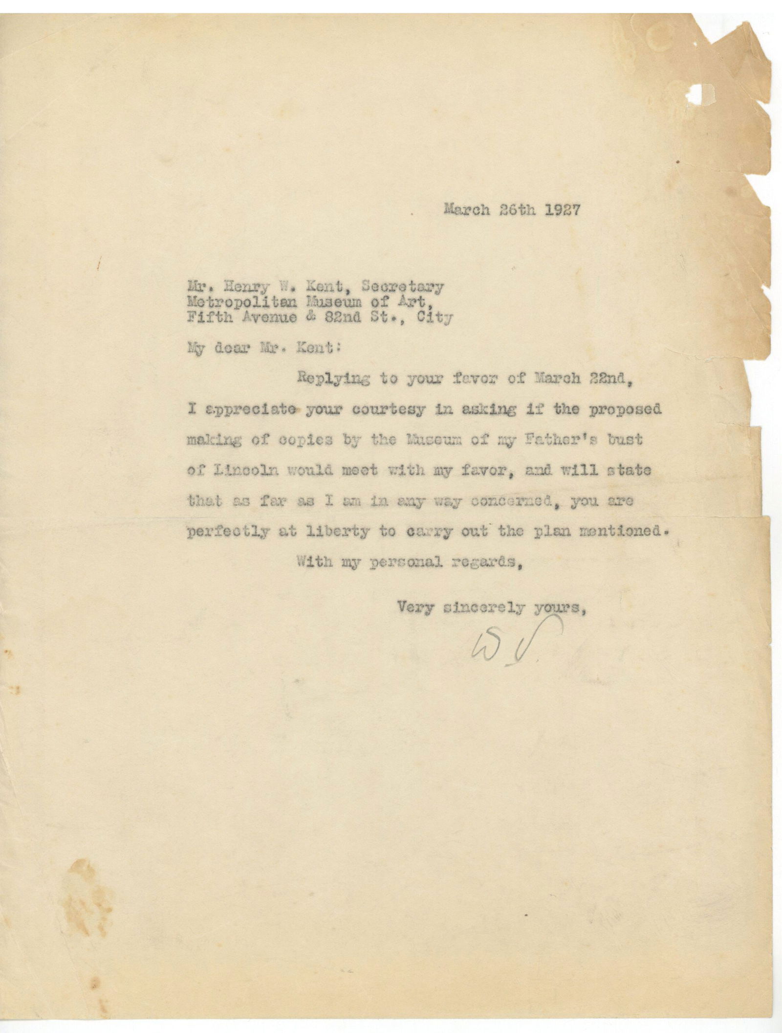 Douglas Volk - American Painter & Son of Famed Lincoln Sculptor Leonard Volk - Autographed Letter: Details: Douglas Volk autographed retained carbon copy of a letter dated March 26th, 1927. Wear to the edges and overall toning. Stephen Arnold Douglas Volk (February 23, 1856 – February 7, 1935