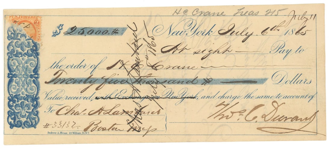 Thomas Clark Durant - American Physician & Union Pacific Railroad Vice-President - Autographed Check (1 of 2)