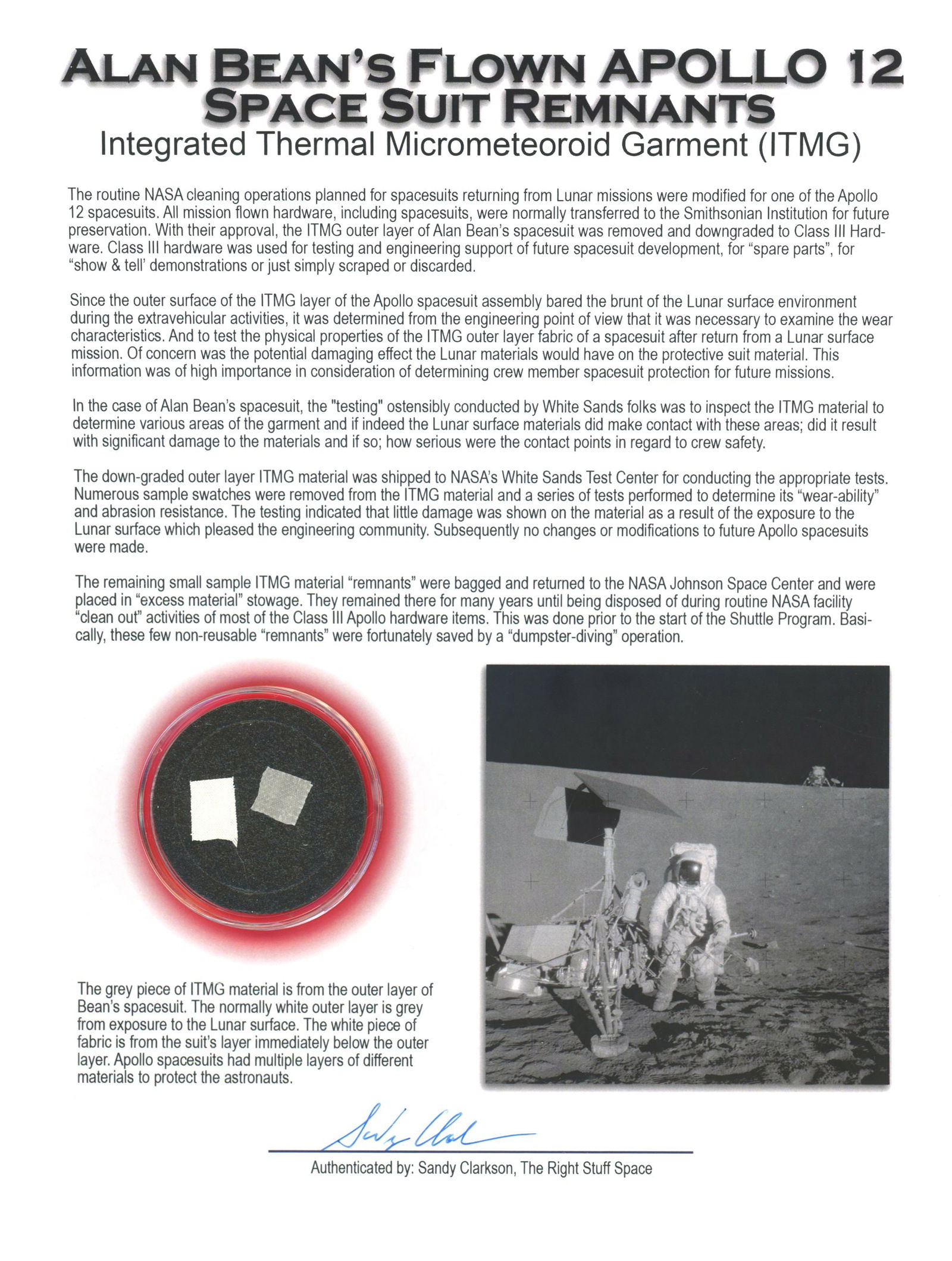 Alan Bean - Apollo 12 Space-Flown Spacesuit Relics in Custom Display - Ex. Sandy Clarkson (1 of 1)