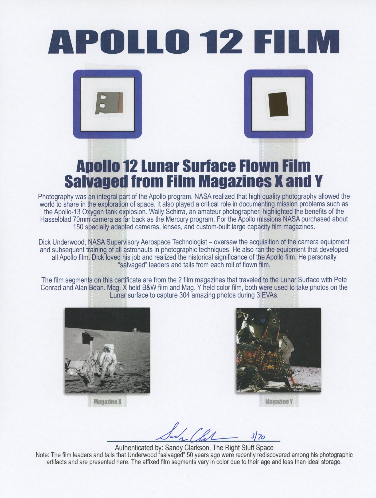 Apollo 12 - Lunar Surface Flown Film Salvaged from Film Magazines X and Y - Ex. Sandy Clarkson (1 of 2)