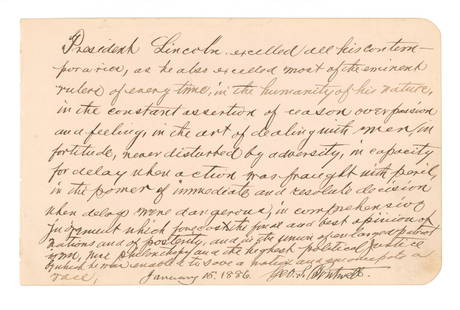 George S. Boutwell Pens an Abraham Lincoln Handwritten Tribute in 1886 – U.S. Treasury Secreta: Details: George S. Boutwell Autographed 14-Line Tribute to Abraham Lincoln &#8211; Dated January 15, 1886 Original 14-line handwritten passage by George S. Boutwell, penned in ink on a 7.5 x 4.75" alb