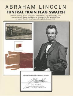 Abraham Lincoln - Funeral Train Flag Relic - Historical Fabric Swatch 8.5 x 11" Presentation: Details: Abraham Lincoln, custom display featuring a swatch of fabric removed from a large American flag which hung on Lincoln's funeral train during the duration of its stop in Indiana while en route