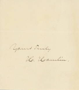 Hannibal Hamlin - 15th U.S. Vice President Under Lincoln - Autographed 3.5 x 4" Cut: Details: Hannibal Hamlin autographed 3.5 x 4" paper slip. Near fine condition. Hannibal Hamlin (August 27, 1809 &#8211; July 4, 1891) was an American attorney and politician who served as