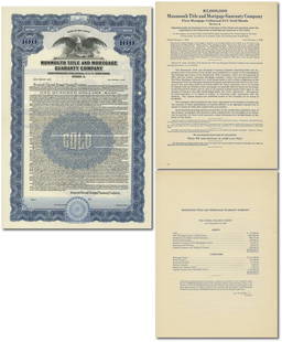 Monmouth Title and Mortgage Guaranty Company $100 1928 Bond Document & 4pp. Stock Listing Sheet: Details: Monmouth Title and Mortgage Guaranty Company $100 1928 bond document with 4 page stock listing sheet. Near fine condition. Authentication: Includes a full letter of authenticity from JG Autog
