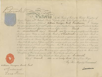 Queen Victoria – British Monarch – Autographed Military Commission Document – Land: Details: Queen Victoria autographed military commission document, boldly signed &#8220;Victoria R&#8221; at upper left. Dated March 17, 1900, this ornate official document commissions William Morgan H