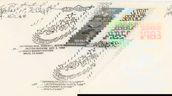 Robert L. Scott – WWII Fighter Ace & Author of “God is My Co-Pilot” – Autogr: Details: Robert L. Scott autographed commemorative cover honoring his WWII service and legacy, postmarked November 8, 1992, at Chiriaco Summit Station, California&#8212;site of the General Patton Muse