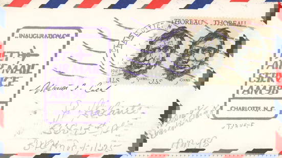 Marion E. Carl – USMC Aviation Ace & Test Pilot – Autographed Jet Airmail Cover – : Details: Marion E. Carl autographed inaugural Jet Airmail Service cover commemorating Route AM-98 from Charlotte, North Carolina. The envelope features a bold purple cachet, dual 5&#162; Thoreau stamp