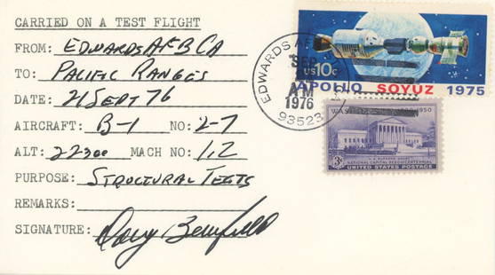 Doug Benefield – B-1 Test Pilot – Flight-Flown Autographed Cover – Structural Test: Details: Doug Benefield autographed and hand-filled commemorative cover carried aboard a U.S. Air Force B-1 bomber during a structural test flight on September 21, 1976. The envelope is flight-certifi