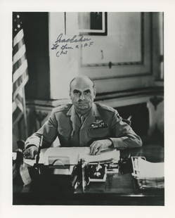 Ira Eaker – WWII Atomic Bomb Advisory Role – Autographed 8 x 10 Photo: Details: Ira Eaker autographed 8 x 10&#8221; glossy photograph depicting him seated at his desk in uniform as a U.S. Army Air Forces General. Eaker has signed in black ink along the upper portion of t