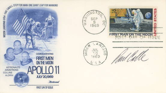 Paul Calle – NASA Artist – Autographed Apollo 11 First Day Cover – Moon Landing Co: Details: Paul Calle autographed First Day Cover commemorating the Apollo 11 moon landing and featuring his iconic artwork used on the &#8220;First Man on the Moon&#8221; 10&#162; airmail stamp issued