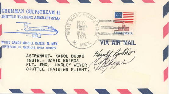 S. David Griggs & Karol Bobko – NASA Astronauts – Autographed STA Shuttle Training Cover: Details: S. David Griggs &amp; Karol Bobko &#8211; NASA Astronauts &#8211; Autographed STA Shuttle Training Cover &#8211; 1977 Karol Bobko and S. David Griggs autographed commemorative NASA STA (Shutt