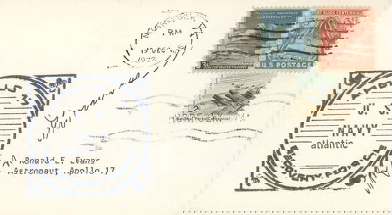Ron Evans – Apollo 17 Astronaut – Autographed Cover – Apollo 17 Navy Recovery Forc: Details: Ron Evans autographed commemorative Apollo 17 Navy Recovery Force cover, postmarked December 19, 1972, from Norfolk, Virginia. The cover features the official navy blue mission cachet, honori