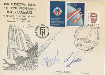 Interkosmos 20th Anniversary – Cosmonaut-Signed Polish Cover – Jahn, Ivanov, Gurragcha &: Details: Interkosmos 20th anniversary commemorative cover, issued for the philatelic exhibition held at Hotel Forum in Warsaw, Poland, on November 17&#8211;18, 1987. Boldly signed by four celebrated I