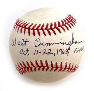 Walt Cunningham – Apollo 7 Astronaut – Autographed Bud Selig MLB Baseball with Mission I: Details: Walt Cunningham &#8211; Apollo 7 Astronaut &#8211; Autographed Bud Selig MLB Baseball with Mission Inscription Official Rawlings Bud Selig-era Major League Baseball autographed by Walt Cunnin
