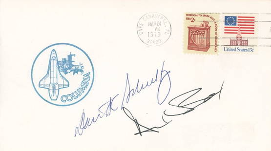 Alan Bean & Daniel Shultz – Apollo 12 Moonwalker & Shuttle Engineer – Autographed Cover: Details: Alan Bean and Daniel Shultz autographed commemorative NASA Columbia cachet cover, postmarked March 24, 1979, from Cape Canaveral, FL. Features the official Columbia emblem at left and two U.S