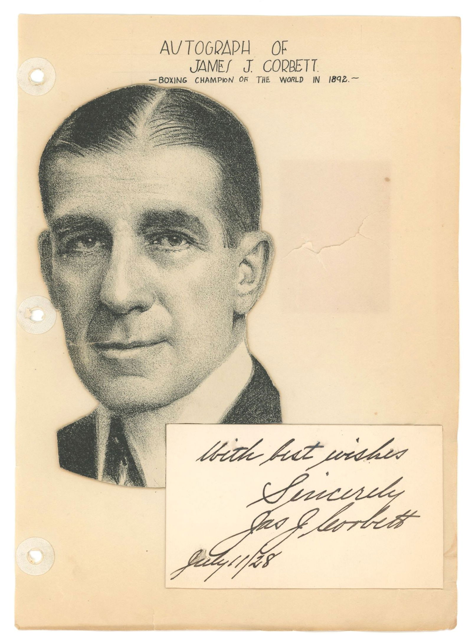 James J. Corbett – Heavyweight Champion – Autographed Card on 6.5 x 9" Album Page (1 of 1)