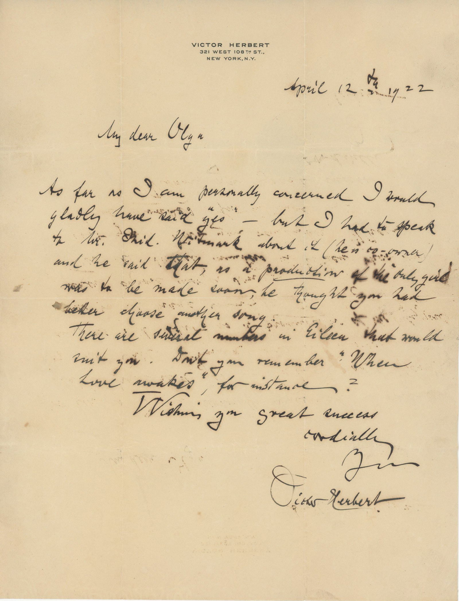 Victor Herbert –Composer of American Operetta & Cellist– Autographed Letter Signed (ALS) (1 of 2)