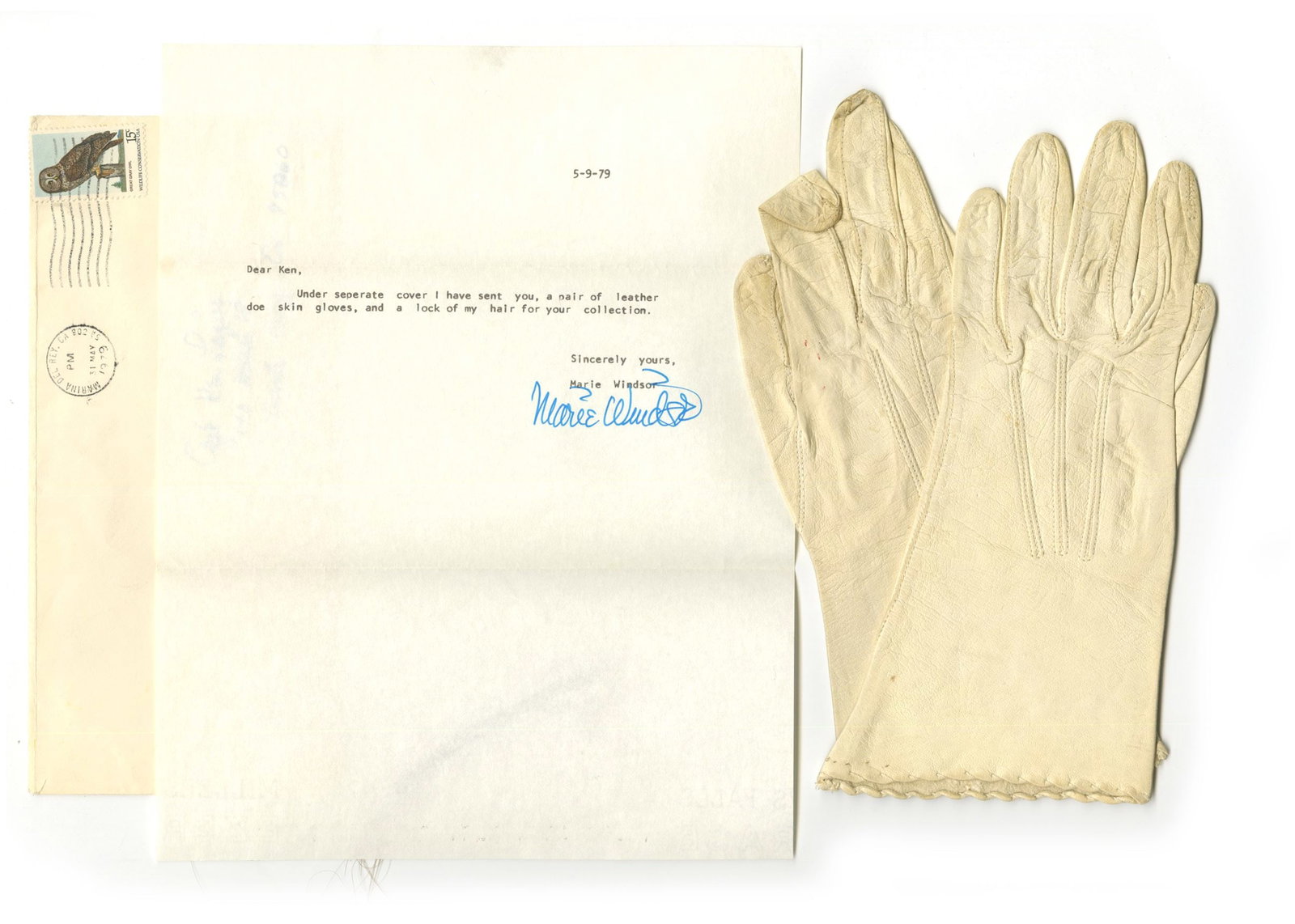 Marie Windsor – Hollywood Actress – Autographed Letter with Personally Owned Gloves & Lo: Details: Marie Windsor autographed typed letter dated May 9, 1979, on personal letterhead, referencing the inclusion of her own gloves and a lock of hair. Signed in bold blue ink, “Marie Windsor