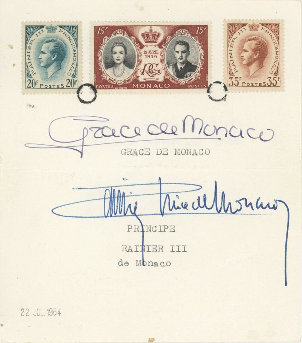 Princess Grace Kelly & Prince Rainier III de Monaco – Autographed 5 x 7" Sheet with Stamps (1 of 3)