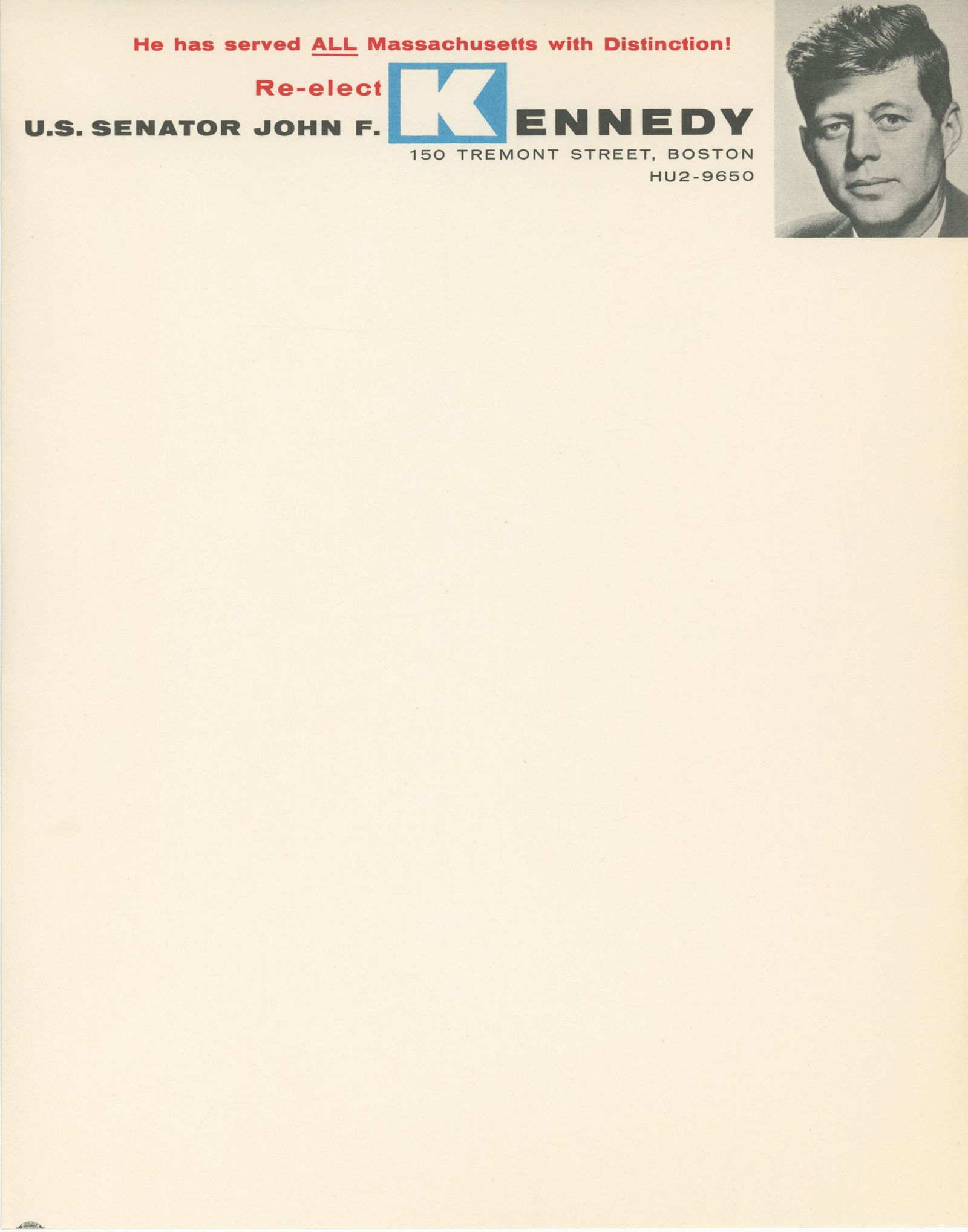 John F. Kennedy – 1950s U.S. Senate Campaign Stationery – Early JFK Political Ephemera (1 of 1)