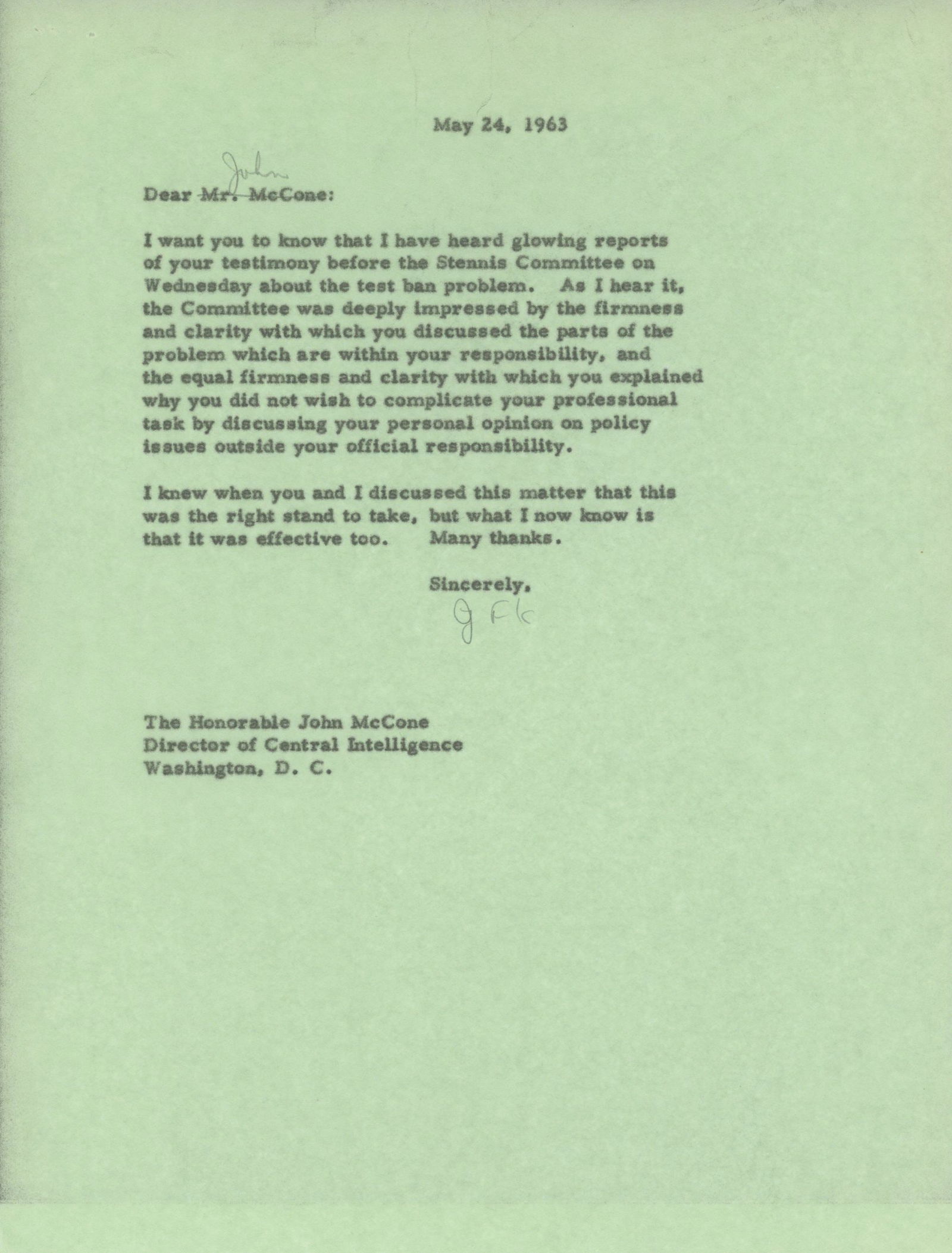 John F. Kennedy – Typed Letter Draft to CIA Director John McCone – May 24, 1963 (1 of 1)
