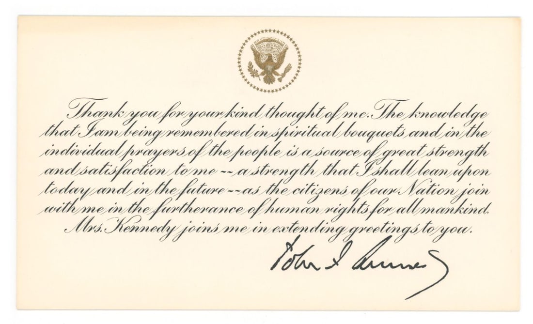 John F. Kennedy – Civil Rights Speech Presidential Thank You Response Card – Facsimile S (1 of 2)