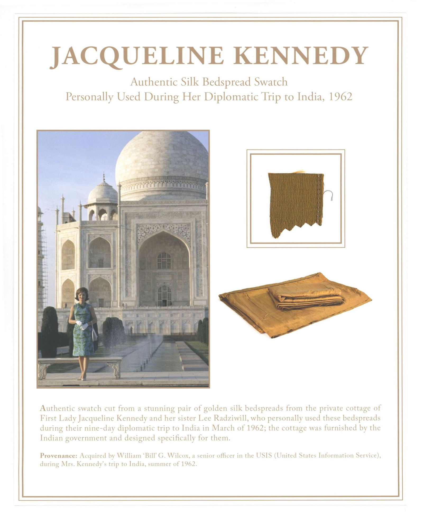 Jacqueline Kennedy – Silk Bedspread Swatch from 1962 India Diplomatic Trip – Display w/  (1 of 3)