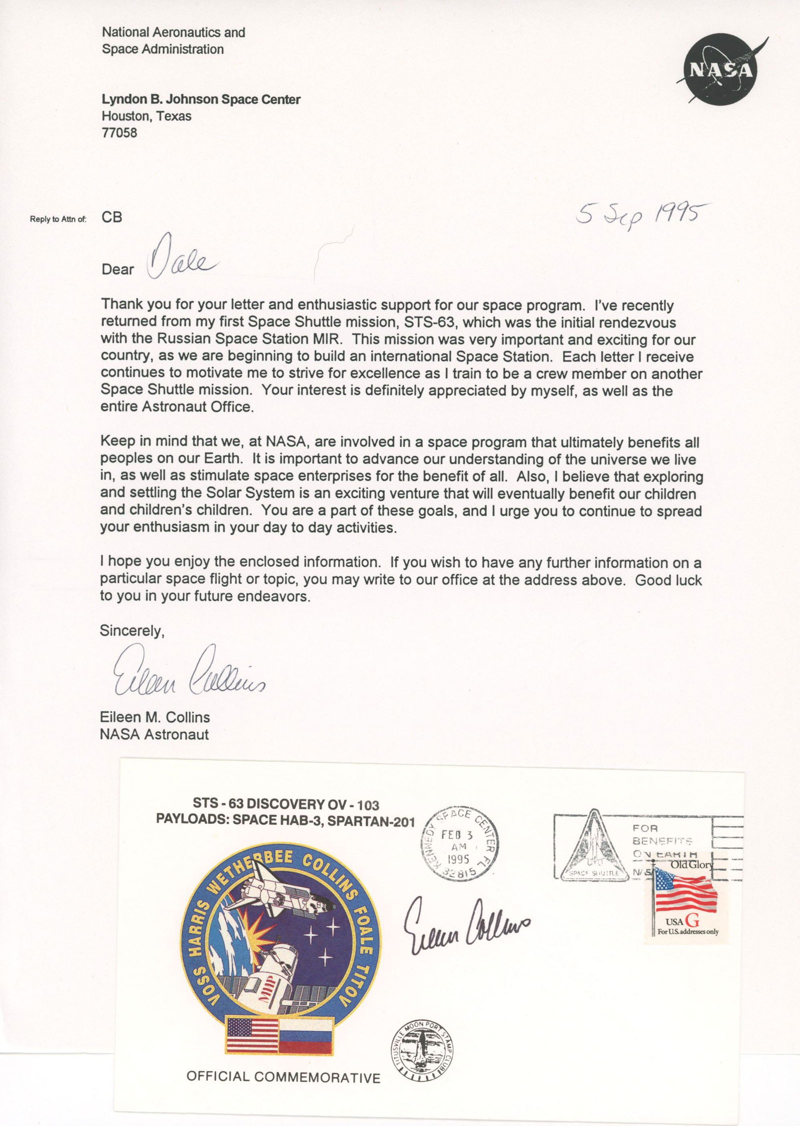 Eileen Collins – Autographed Typed Letter & STS-63 Commemorative Cover – 1995 (1 of 1)