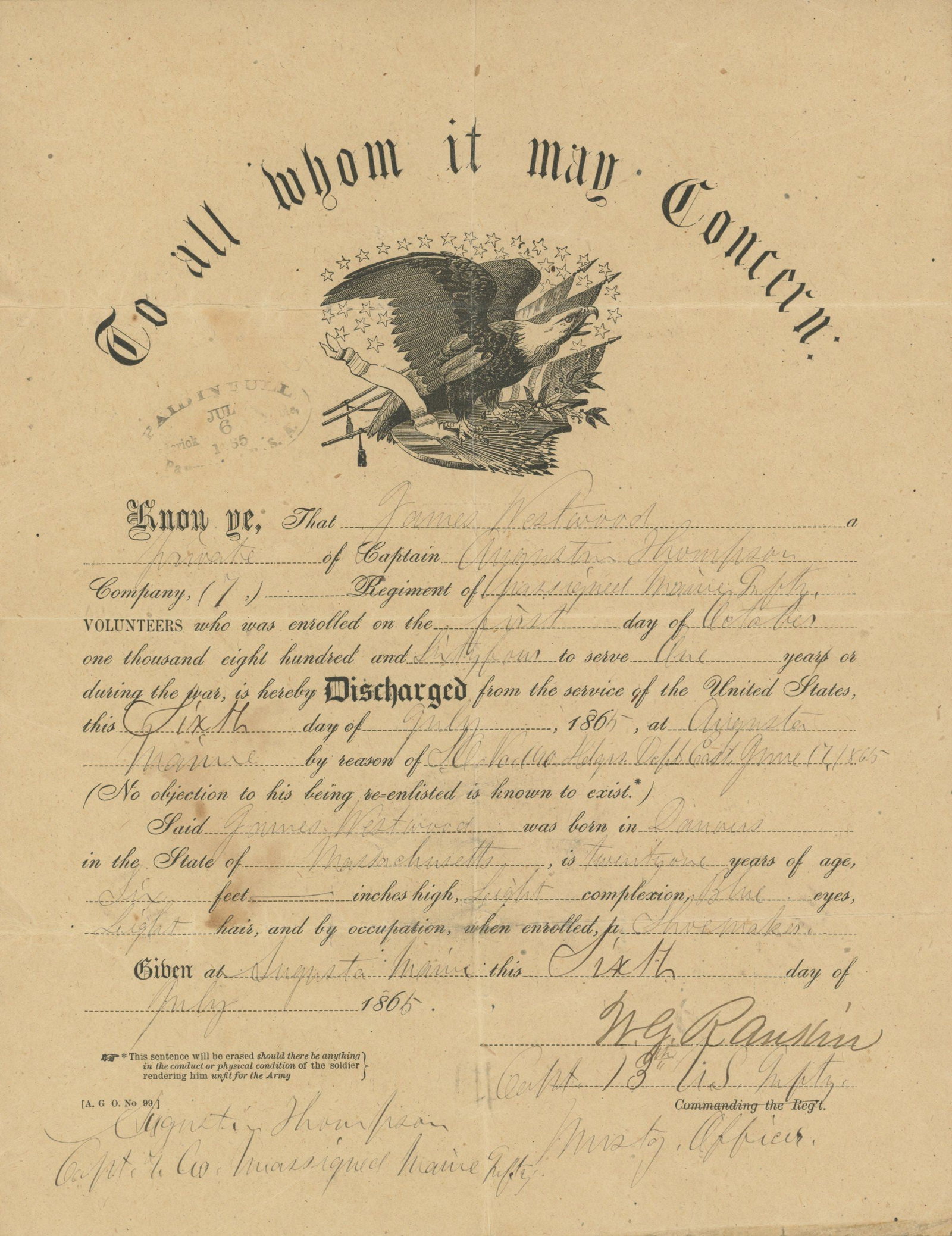James Redmond – Civil War Discharge Certificate – 1st Maine Heavy Artillery – With: Details: James Redmond discharge certificate from Company F, 1st Regiment of Maine Heavy Artillery, dated July 6, 1865, at Augusta, Maine, following the end of the Civil War. The standard-issue “