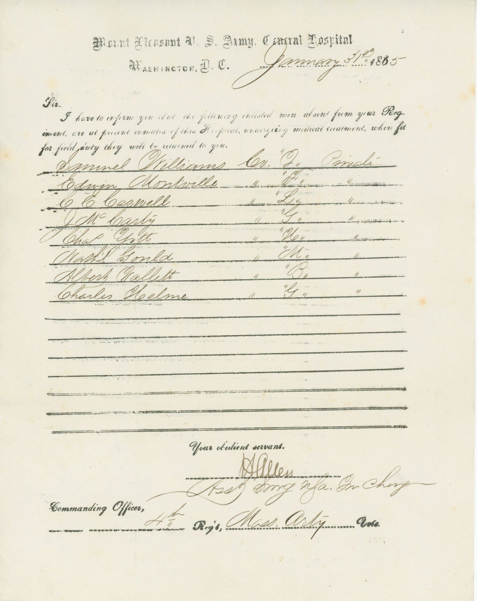 Harrison Allen – Civil War Surgeon & Anatomist – Autographed Document – Mt. Pleasa (1 of 1)